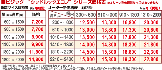 ビジックエコノ”ナチュラルシリーズ”価格表